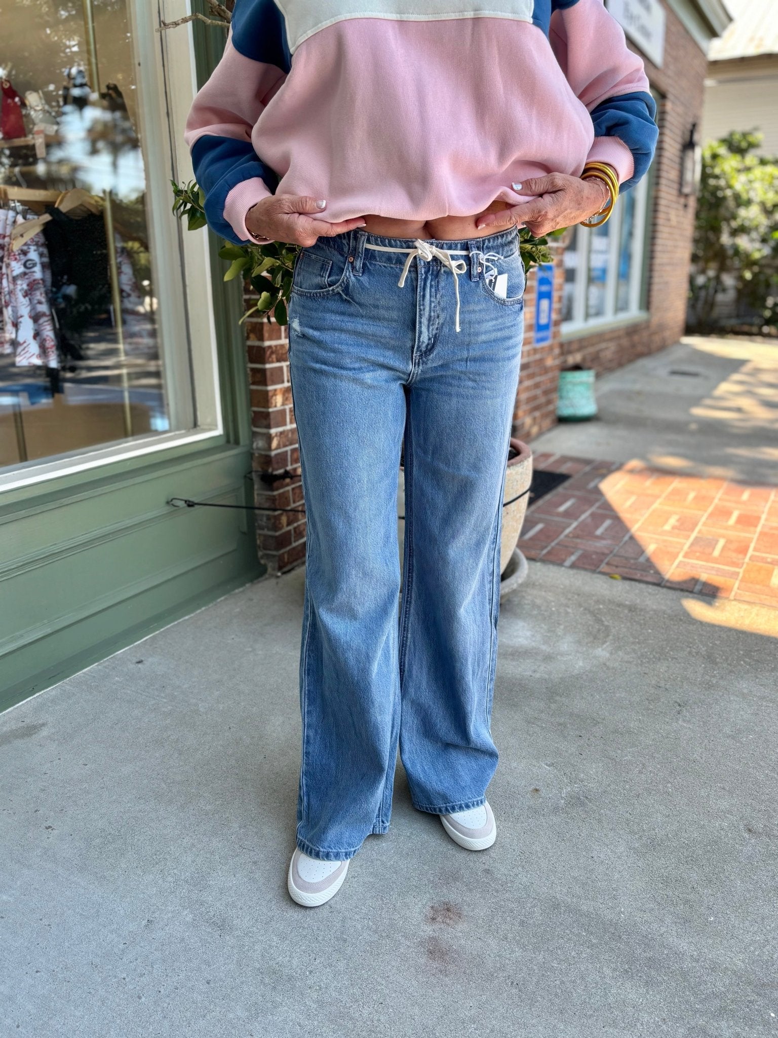 Tia Baggy Wide Leg Drawstring Jeans - Medium Wash - KJ Clothier