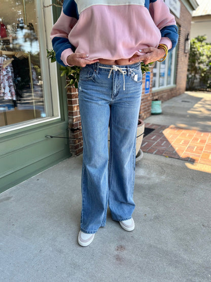 Tia Baggy Wide Leg Drawstring Jeans - Medium Wash - KJ Clothier