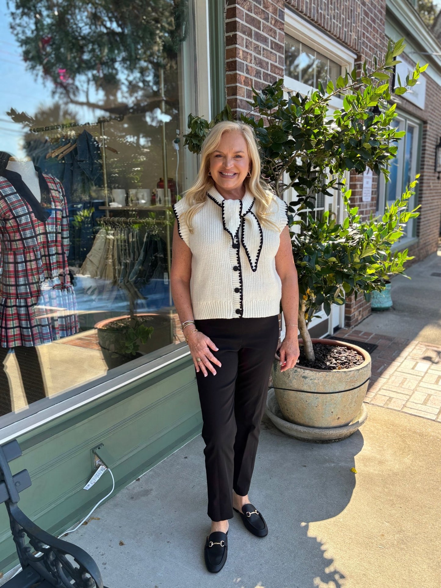 Tie Neck Sweater Vest - White & Black - KJ Clothier