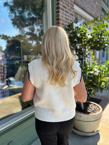 Tie Neck Sweater Vest - White & Black - KJ Clothier