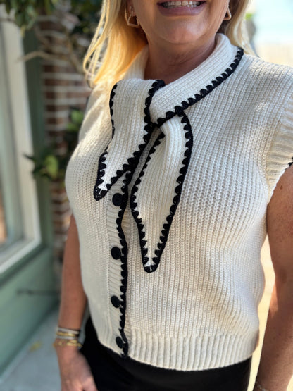 Tie Neck Sweater Vest - White & Black - KJ Clothier