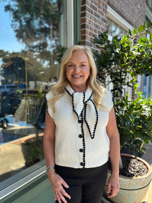 Tie Neck Sweater Vest - White & Black - KJ Clothier