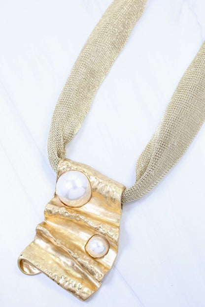 Troy Mesh Pearl Statement Necklace - Gold - KJ Clothier