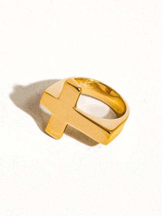 Truth 18K Gold Non - Tarnish Cross Ring: Yellow Gold - KJ Clothier