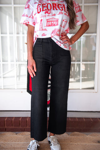 Utility Pocket Wide Leg Cropped Denim - Washed Black
