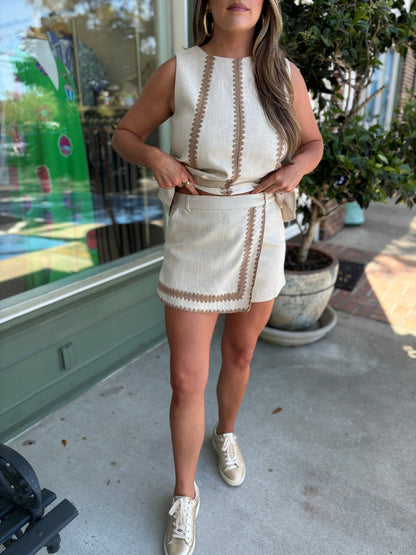 Whipstitch Crochet Embroidery Linen Wrap Skort - Oatmeal - KJ Clothier