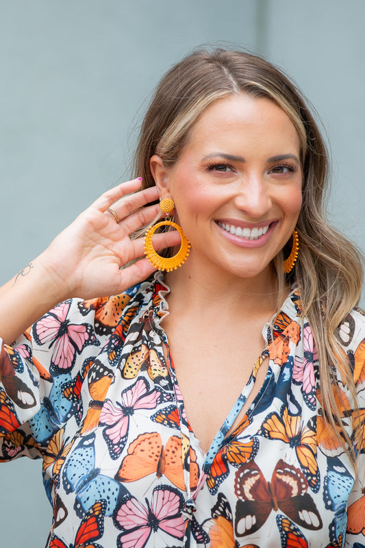 Raffia Circle Earrings - Orange