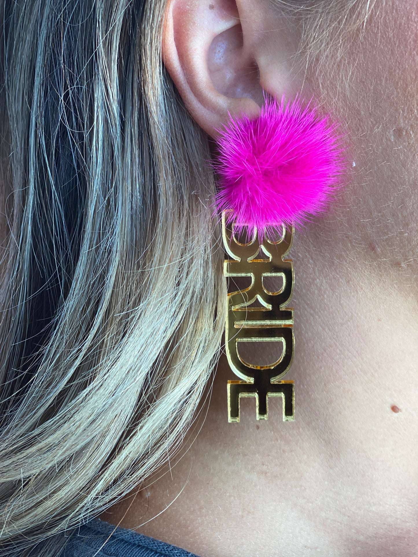 Bride Gold Mirror - Hot Pink Puff Earring