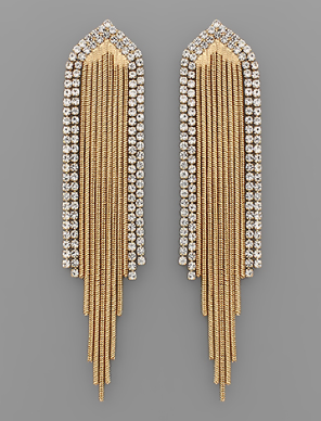 Rhinestone & Chain Tassel Earring - Gold