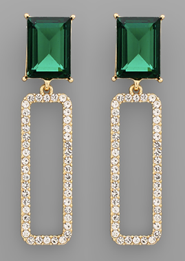 Square Bead Open Rectangle Earrings - Emerald