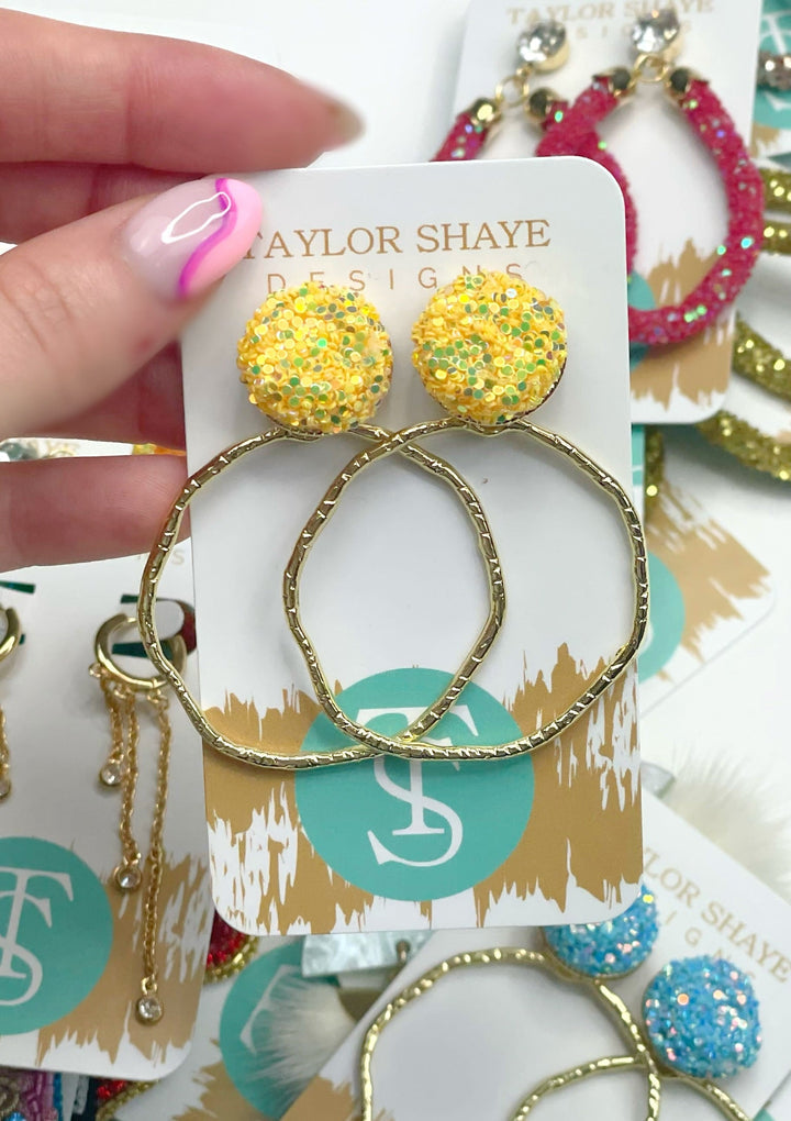 Taylor Shaye Designs - Glitter Top Hoops - Yellow / Round
